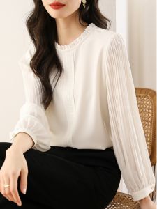 White French Style Shirt with Pleated Bubble Sleeves And Mushroom Collar for Women Autumn Fashion 2025 New Arrival Versatile Chiffon Top