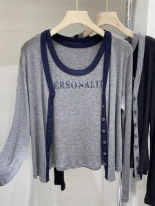 Casual Loose Color Block Letter Vest Cardigan Two Piece Set Simple Style Womens Knittedwear Long Sleeve Commute Fashion