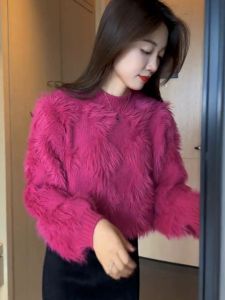 Thickened Woolen Knitted Sweater Womens Loose Fit Inner Wear Faux Mink Velvet Lazy Style Base Shirt Cotton Blend Long Sleeve