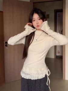 Korean Style Pure Desire Lace Half High Collar Long Sleeve Womens T-Shirt Slim Fit Base Shirt Inner Wear Top for Autumn