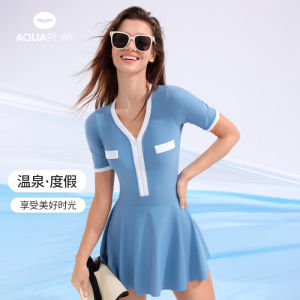 AquaPlay one-piece zipper womens small fragrance swimsuit sun protection rash guard quick drying skirt style one-piece beach vacation casual swimsuit