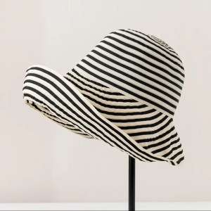 Korean Style Summer Outdoor Fashionable Striped Womens Fisherman Hat UV Protection Sunshade Casual round Top Large Brim Cap