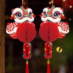2025 New Year Lantern Cute Lion Dance Red Paper Honeycomb Lantern tassel Pendant Home CNY Decoration