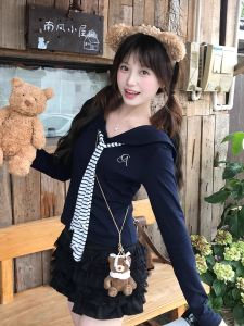 Korean Style Long Sleeve T-Shirt Womens Slim Fit Necktie Navy Collar Striped Top Breathable Comfortable Modal Fabric Autumn Wear