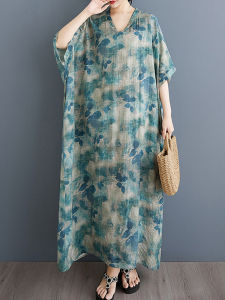 Retro Artistic Vacation Style Travel Dress plus Size Cotton Linen V-neck Long Womens Dress Meat Concealing Slimming Effect