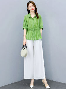 High Waist Wide Leg Pants Set Womens Cotton Linen Drapey Slimming Tummy Covering Summer New Fashion Anti-Aging Two-Piece Set