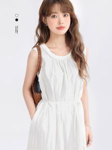 Elegant Pure Style Sleeveless Vest Dress Summer Vacation Lazy French Simple Long Skirt Korean Style A-Line Dress round Neck