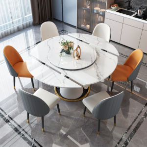 Accessible Luxury Modern Bright Stone Plate Multi-Functional Rotate Retractable round Dining Table and Chair Italian Minimalist Classy Metal Dining Table