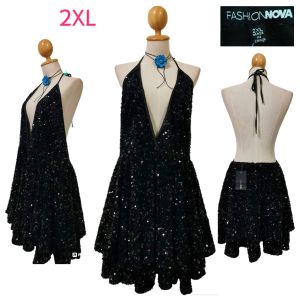 เดรสสั้นปักเลื่อมวิบวับทั้งตัว (R8)สายคล้องคอ คอวีลึก โชว์หลัง กระโปรงบานสองชั้น ผ้ามีน้ำหนัก งานป้าย : 2XL (อก 44-46"): used