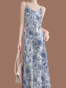 ชุดเดรสยาวทรงหลวมคอวีแขนกุดพิมพ์ลายแฟชั่นฤดูร้อนสำหรับผู้หญิง สวมใส่สบาย ลำลอง เดรสยาวคลุมเข่า