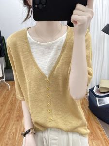 Fashionable round Neck Ice Silk Short Sleeve Knitted Top Womens Korean Style T-Shirt Anti-Aging Air Conditioning Shirt Trendy