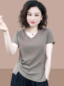 Ladies Summer New Style V-neck Pleated Design Beautiful Short-sleeved Top Trendy Korean Version Slim Fit Pure Color T-shirt