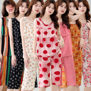 Womens Cotton Silk Sleepwear Thin Sleeveless Home Clothes Set Loose Fit round Neck Home Comfortable Summer Style QSYM244211756