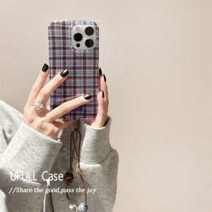 Ufull Korean Style Ins Simple Color Block Plaid Phone Case for Apple 17ProMax Iphone 15 with Lanyard 13/14 Niche 14pro New Model 16pro Full Cover Anti-Fall Protective Case Women