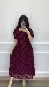 SV 6735 - Verla Neck Flower Dress | Silvervogue | Gaun Furry Poliester Midi Pakaian Kasual Wanita