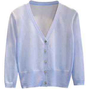Summer Thin Ice Silk Knitted Short Cardigan Womens Top Skirt Matching Air Conditioning Shirt Shoulder Pads Seven Sleeve Length