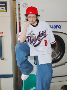 Busykid เสื้อบอลฮิปฮอปแนวชายฝั่งตะวันตกแบรนด์ฮิตแบบออริจินอลแขนสั้นเบสบอลสไตล์อเมริกันเสื้อคาร์ดิแกนฮิปฮอปแนวสตรีทฮิปฮอป