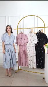 Setelan Rok Korea Lavanda Print Bunga FREE Bando 6018