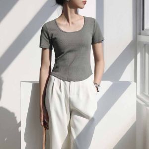 White Square-Cut Collar Short-Sleeved Womens Summer New Arrival Silm Short Slimming Inner Wear T-shirt Shoulder off-Shoulder Bottoming Shirt