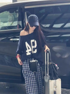 VKSOD | Summer Lazy Style Plaid Pants And Short Sleeve T-Shirt Womens Loose Bf Design Shoulder Exposure Two-Piece Set Casual Wear