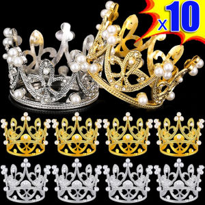 Gold Silver Mini Crown Cake Topper Metal Shiny Rhinestones Pearl Tiara Crowns Cake Decoration for Birthday Wedding Party Decor