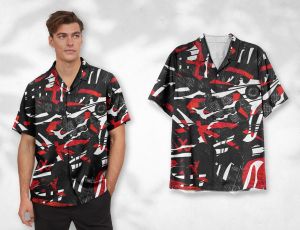 KEMEJA PRIA FULL PRINT/SPOON/MOTIF ABSTRAK HITAM GARIS MERAH PUTIH