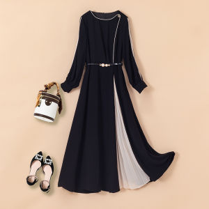 XMO | French Design Round Neck Long Sleeve Pleated Slim Waist Dress