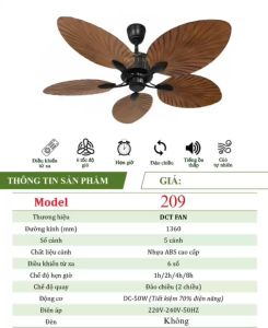 Quạt trần 5 cánh lá cọ DCT209 không đènsải cánh rộng 1m32 động cơ DC có đảo chiều