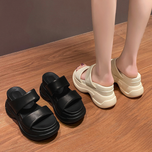 Thick Heel Slippers Womens Summer Outdoor Wear High Heel Increased Height Black Slope Heel Cool Drag Matching Sandals