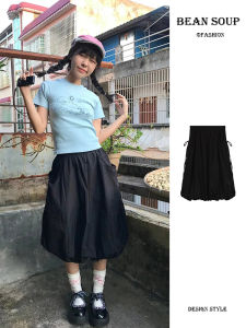 Spring Summer High Waist A-Line Puffy Skirt Womens Half-length Flower Bud Design Pocket Bean Soup/Dou Tang Style Midi Skirt