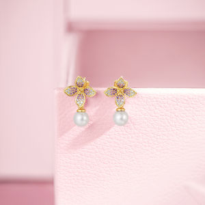 ZHOU LIU FU 周六福 S925 Sterling Silver Pearl Earrings Flower Earring Elegant Jewelry for Women Girls Parties Birthdays J0915085