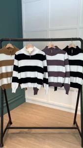 BL20755 Biggy Stripes Zip Highneck Knit Blouse