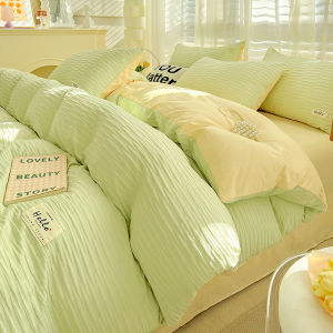 Korean Style Pure Cotton Bubble Washed Bedding Set Four-Piece Sheet Cover Duvet Cover Bed Canopy Home Dormitory Three-Piece Set