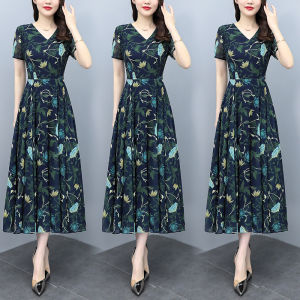 Impression Fashion Women's Elegant Retro Korean Style Chiffon Floral V-neck Short Sleeve High Waist A-line Plus Size Long Dress
