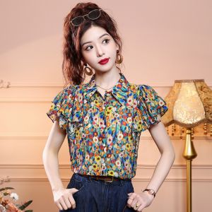 Floral Print Short Sleeve Shirt Womens Summer Style Fashionable Vintage Hong Kong Style Top Sweet Style Polyester Fiber