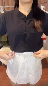 เสื้อสีดำ ผ้าฝ้าย คอจีน สีดำ ผู้หญิง สุภาพ ใส่ทำงาน ไว้ทุกข์ ว้อาลัย