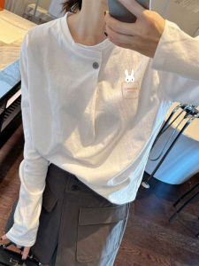 Áo Thun Dài Tay Cổ Tròn Rộng Rãi Mùa Xuân Thu Dành Cho Nữ Thiết Kế Vai Áo Thun Cotton in Họa Tiết Hoạt Hình Màu Trắng Thời Trang