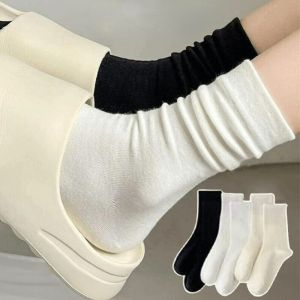 Cotton Socks Medium Tube Knitted Loose Long Soft Solid Color Crew Casual Sock Black White Breathable Spring Autumn