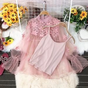 New Raya 2 Potong Atasan Jaring + Blus Renda Lengan Menyala Kerah Potongan Suspender