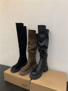 รองเท้าบูทหนังสัมผัสเนื้อหนังสูงถึงเข่าทรงเรียบๆ ส้นหนา รองเท้าบูทหุ้มข้อสำหรับผู้หญิง ฤดูใบไม้ร่วง 2023 รองเท้าบูทหุ้มข้อแบบยืดหยุ่นสำหรับผู้หญิง