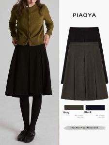 PIAOYA | Black Wool Pleated Skirt High Waist A-line Slimming