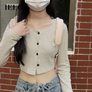 Ielgy Áo Thun Tay áo dài ngang vai kẻ sọc kiểu Pháp áo quần sóoc sang trọng nữ