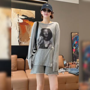 BINKAFENNY | Plus Size Womens Grey Portrait Print Long Sleeve T-Shirt Summer Loose Slimming Sunshade Cover Up Thin Style Round Neck Top