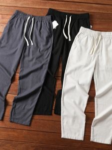 Linen Silk Blend Summer Thin Mens Comfortable Breathable Elastic Waist Straight Leg Casual Pants Fashion Urban Youth Long Trousers