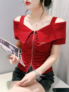 Thanh Lịch Khóa Kéo Xẻ Tà Áo Thun Vai Ngắn Tay Có Vỏ Vai Nữ Mùa Hè Mới Gợi Cảm Một Vai Khóa Kéo Phong Cách Hàn Quốc Ôm Vừa Vặn Tee