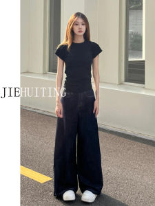 Quần Jeans Ống Rộng Màu Xanh Đậm Cổ Điển Cao Cấp Cho Nữ Quần Dài Thường Ngày Cạp Cao Ôm Dáng Mùa Xuân Mới Về