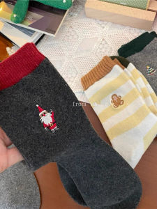 Christmas Womens Woolen Thickened Mid-calf Socks Warm Fleece Lined Contrast Color Christmas Gift Long Socks Home Comfortable