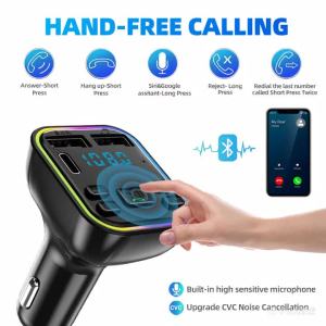 KEBIDU | Car Bluetooth 5.0 FM Transmitter PD Type-C Dual USB 3.1A Fast Charger Colorful Ambient Light Handsfree MP3 Modulator Player