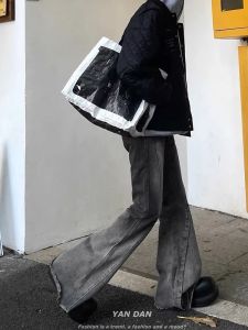 Retro Frayed Gradient Loose Mens Jeans Spring Autumn High Street Vintage Patchwork Floor-Length Pants Casual Wear