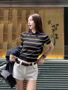 Áo Thun Polo Sọc Ice Silk Dệt Kim Tay Ngắn Vai Thường Xuyên Mùa Hè Cao Cấp Nhỏ Gọn Ngắn Áo Thun Cổ Polo Tay Ngắn